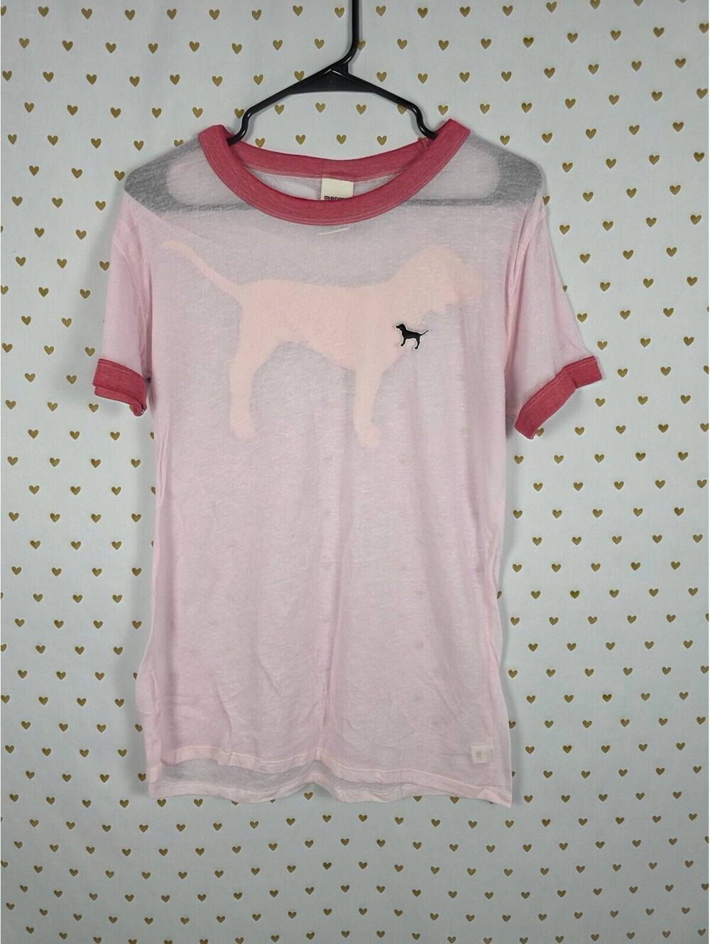Victorias Secret PINK Sheer Dog Logo Ringer Tee shirt Medium